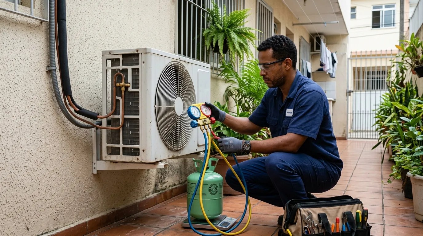 Técnico fazendo carga de gás na condensadora do ar-condicionado em Marília‑SP