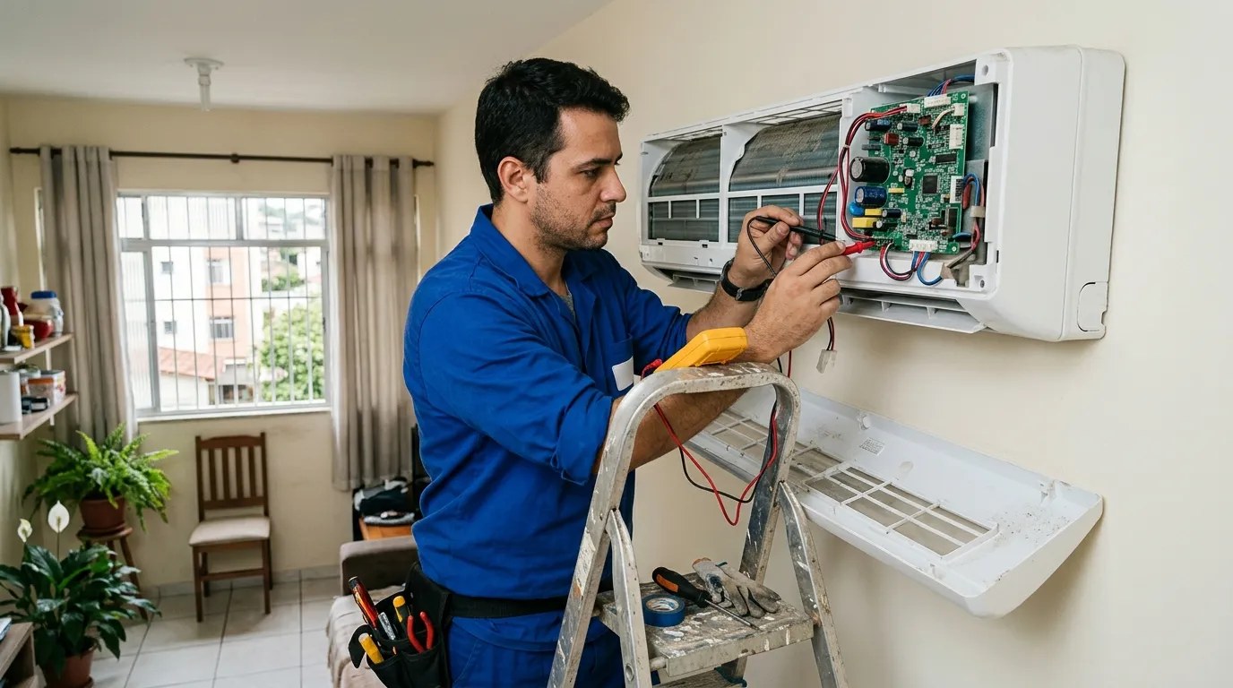 Técnico trocando a placa eletrônica de ar-condicionado split em Marília‑SP