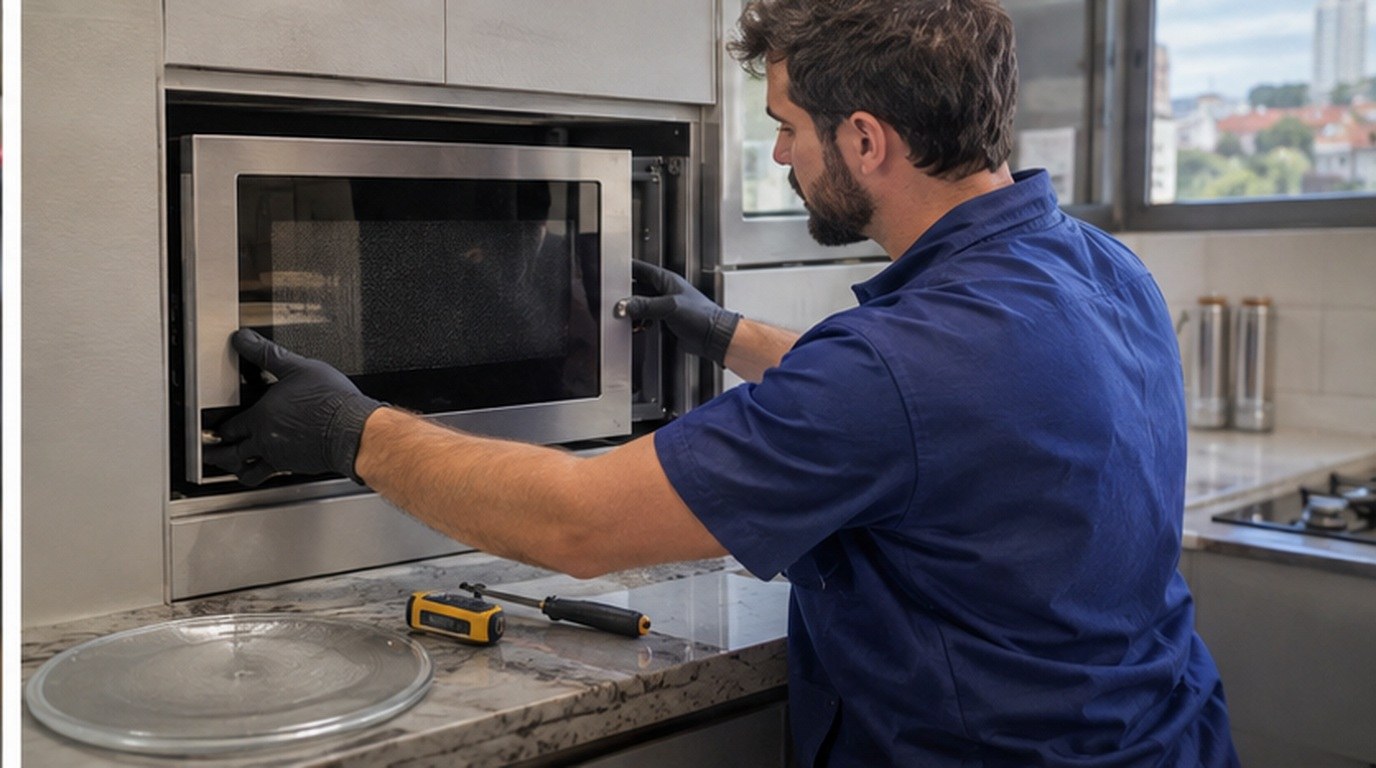 Conserto de micro-ondas de embutir em Marília‑SP: técnico encaixando o aparelho no armário