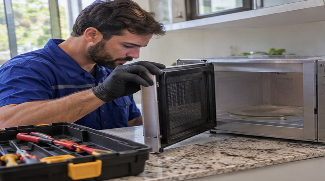 Conserto de micro-ondas em Marília‑SP: técnico abrindo um micro-ondas de bancada