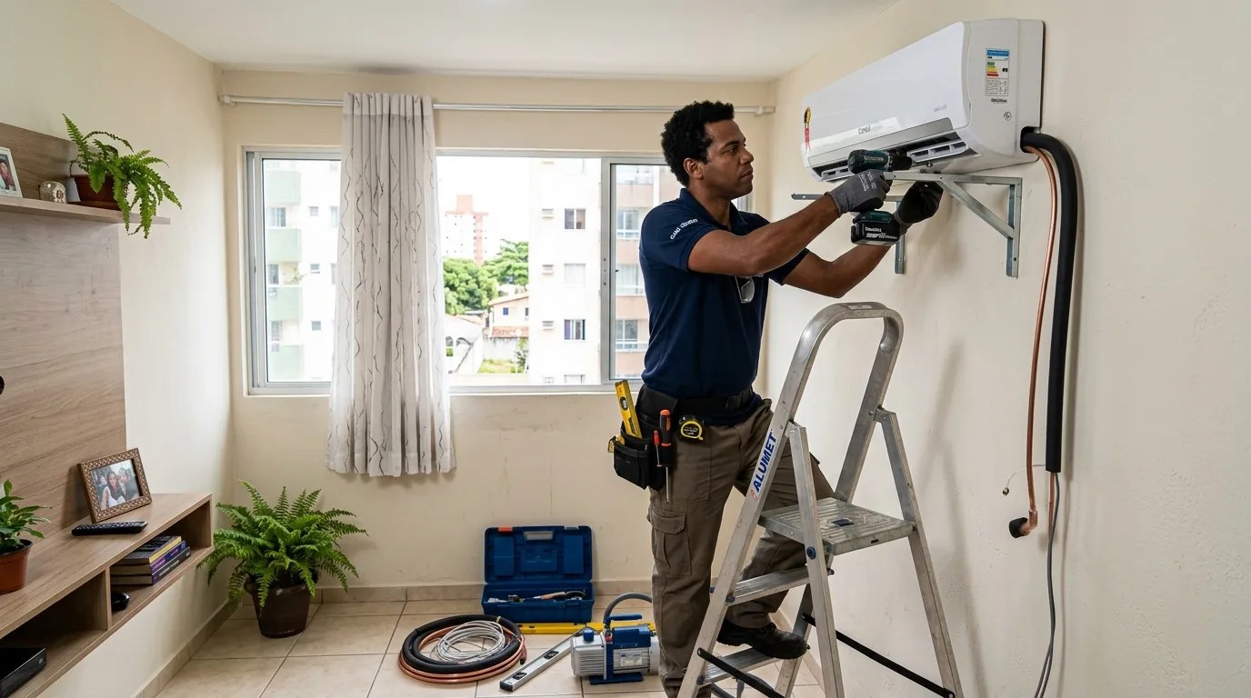 Técnico instalando ar-condicionado split em residência em Marília‑SP