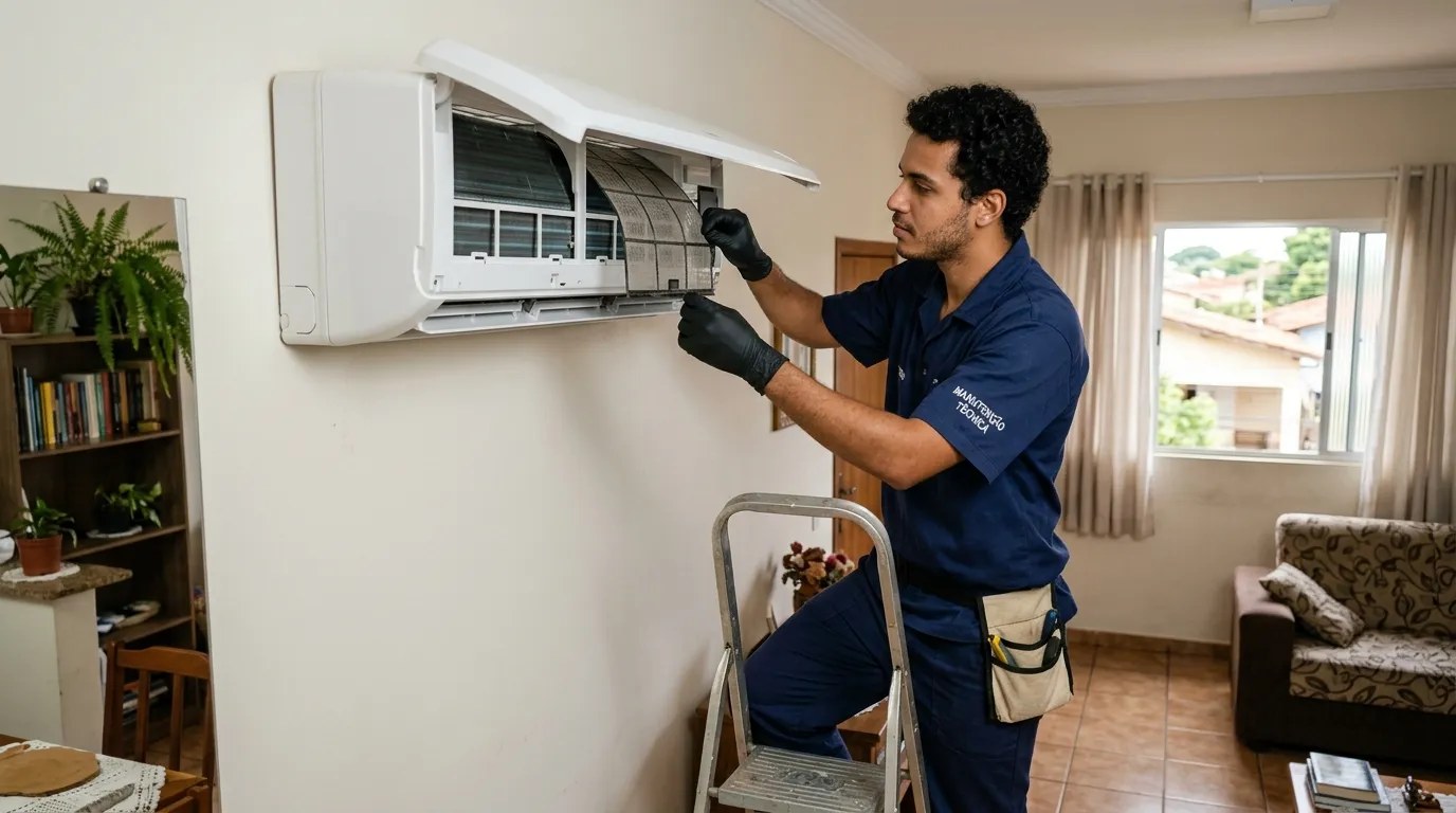 Técnico fazendo limpeza e higienização de ar-condicionado split em Marília‑SP