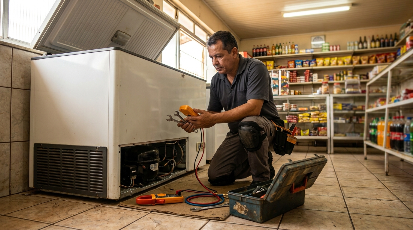 Técnico reparando o motor de um freezer horizontal em Marília‑SP