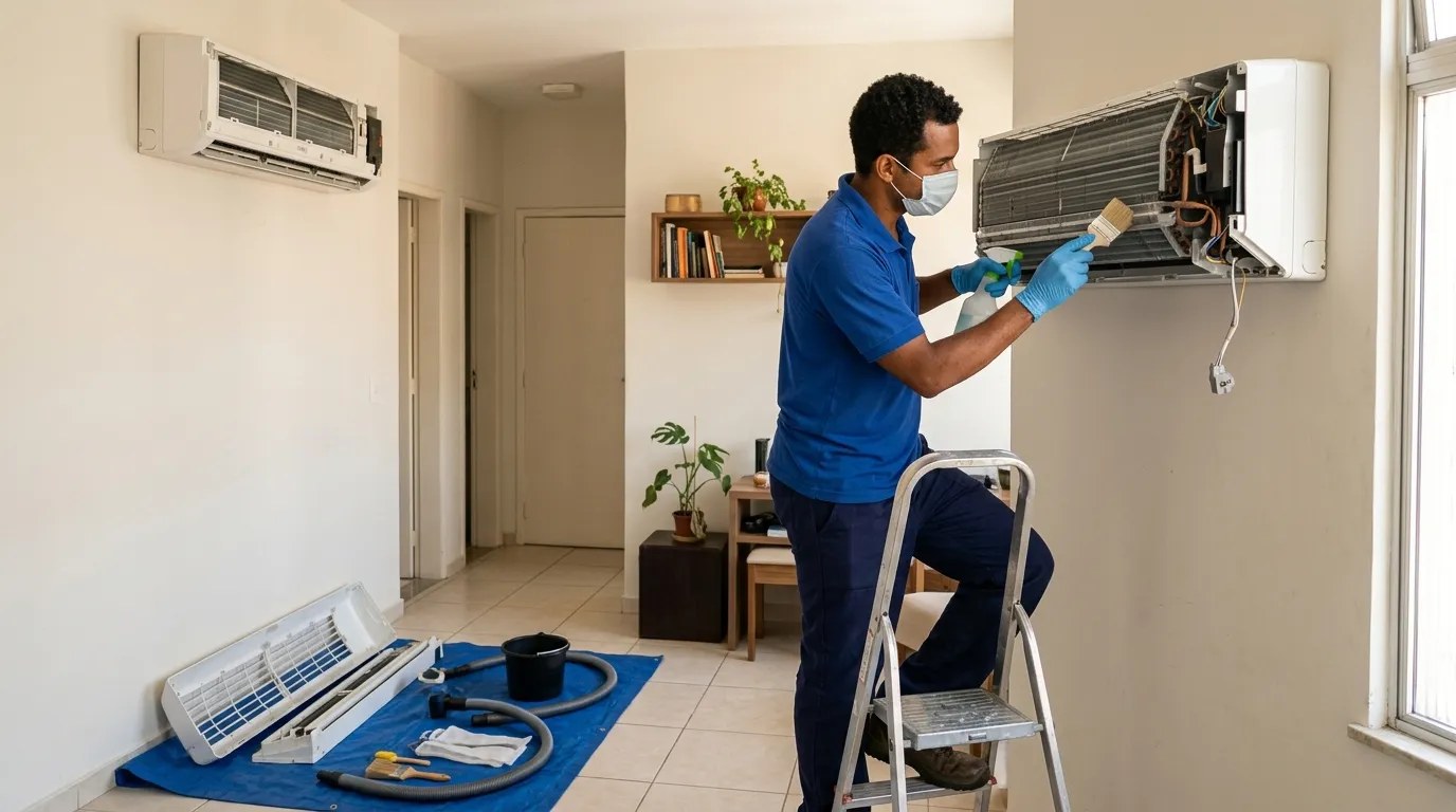 Técnico fazendo manutenção de ar-condicionado split em Marília‑SP