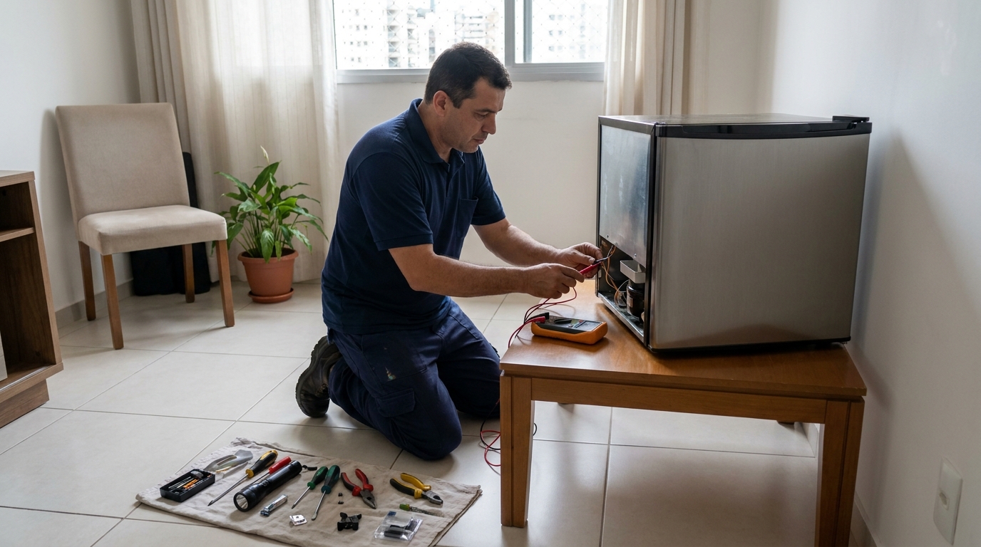 Técnico avaliando um frigobar compacto durante atendimento em Marília‑SP